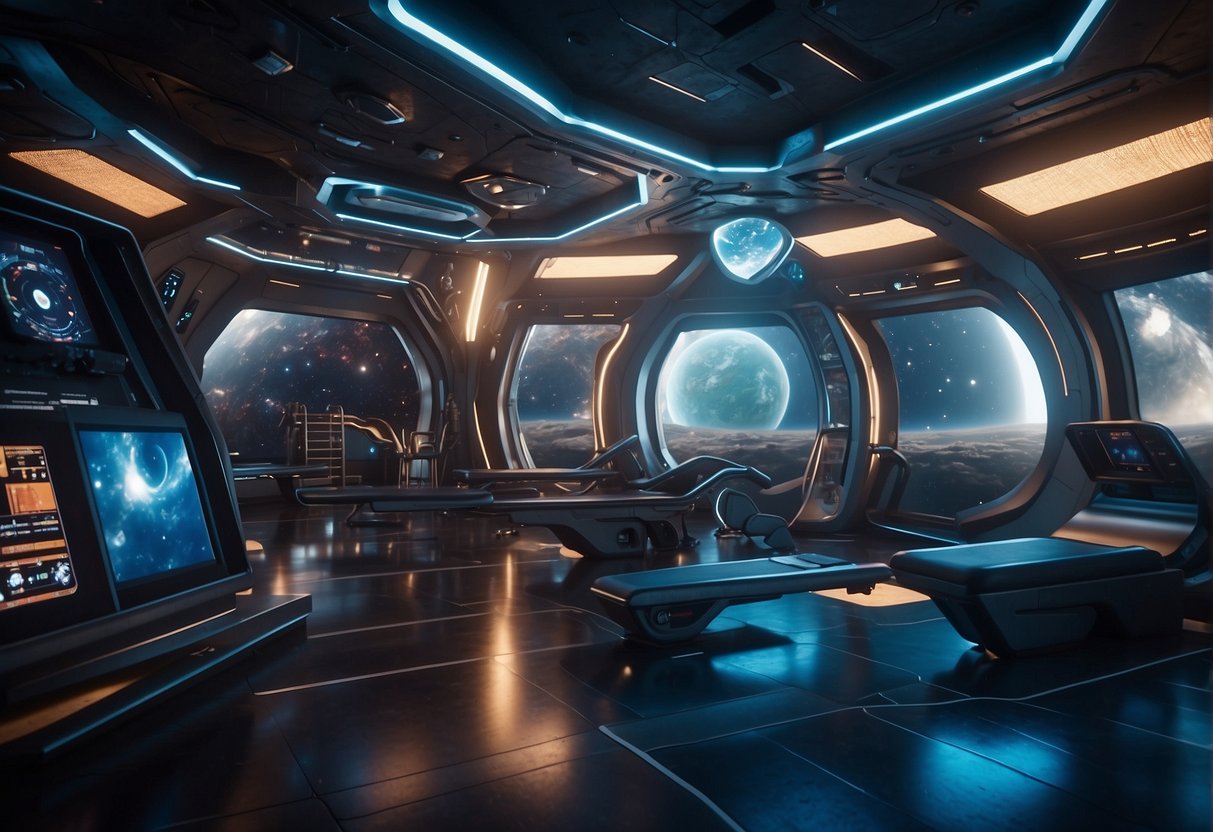A space-themed fitness environment with cosmic gear and motivational elements from the cosmos