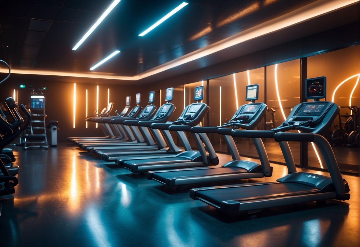 A futuristic gym with space-themed equipment and cosmic imagery. Bright lights and sleek, metallic surfaces create an otherworldly atmosphere