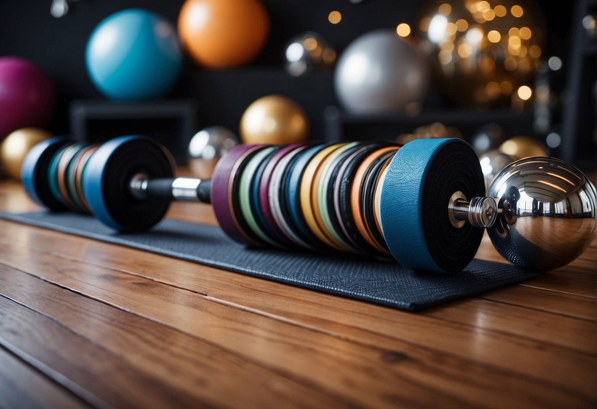 A cosmic backdrop with planets, stars, and galaxies. Space-themed fitness gear scattered around, including yoga mats, resistance bands, and dumbbells