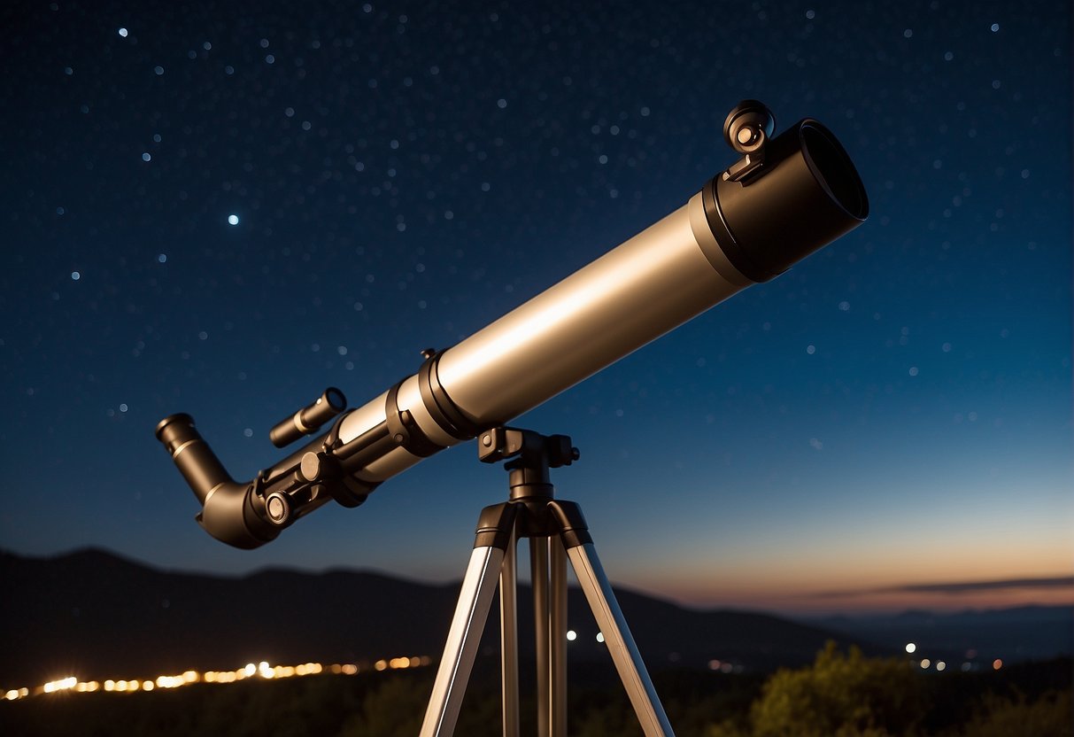 The Best Telescopes for Viewing Planets - A telescope sits on a sturdy tripod, pointed towards the night sky. Planets and stars are visible through the lens, with a clear view of their details