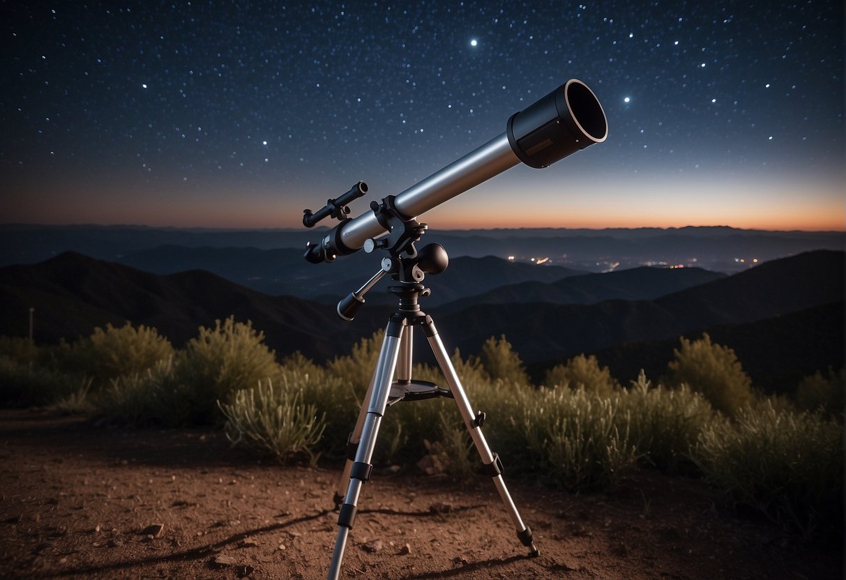 A clear night sky with a telescope pointed at the stars, planets visible in the distance, and a detailed review of the best telescopes