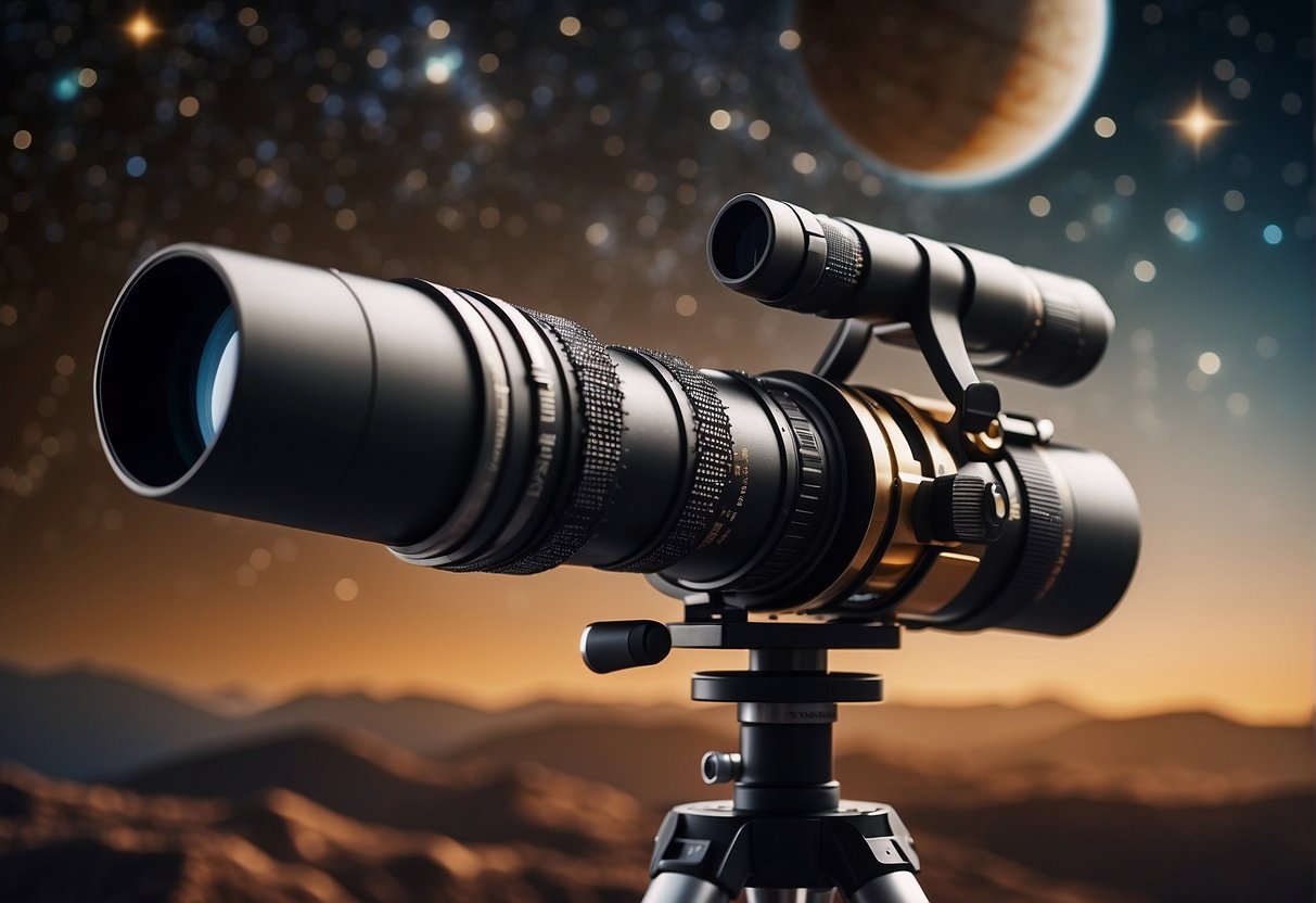A telescope pointed at planets with detailed review text in the background