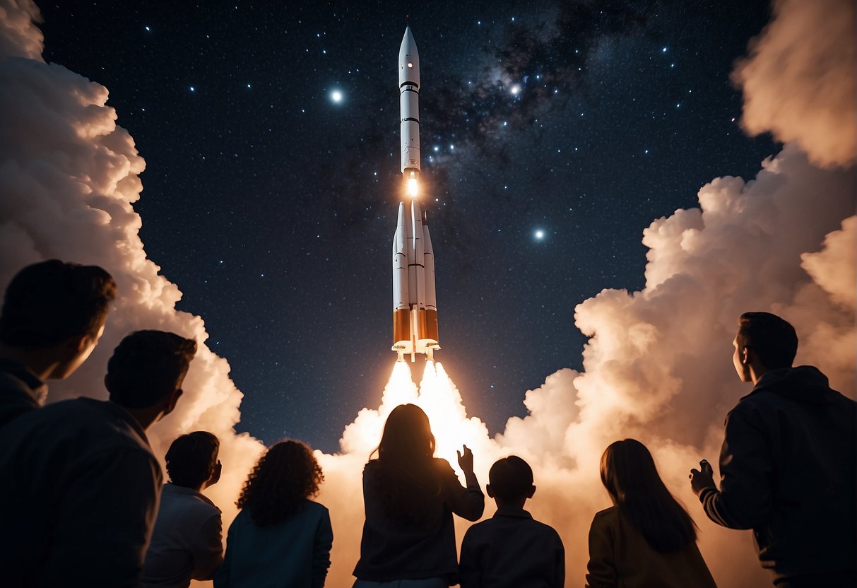 A rocket launches into the starry night sky, with a group of aspiring astronauts gathered around, watching in awe