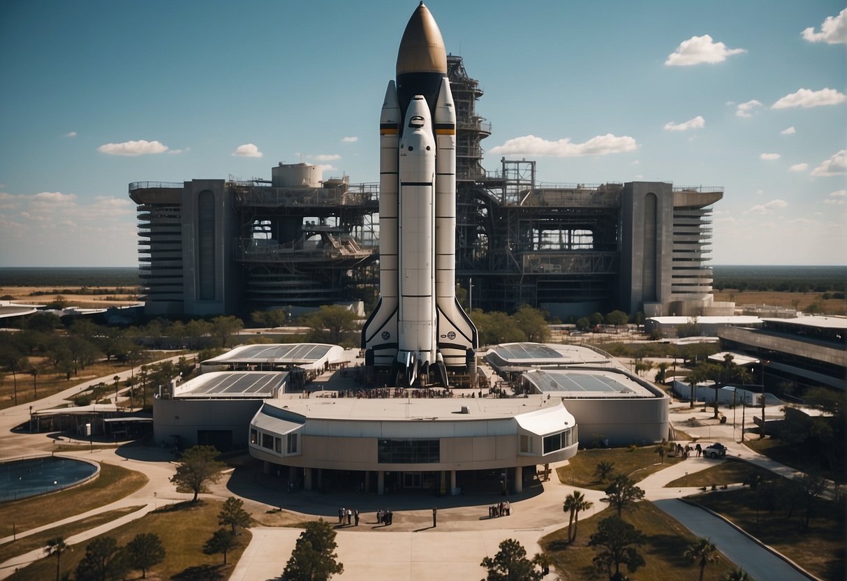 A bustling space center with rocket launches and historical sites nearby, surrounded by aspiring astronaut camps and experiences