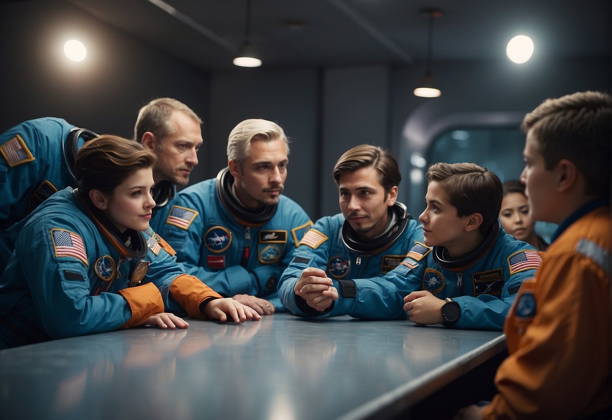 A group of aspiring astronauts gather around a knowledgeable instructor, eagerly asking questions about space camps and experiences