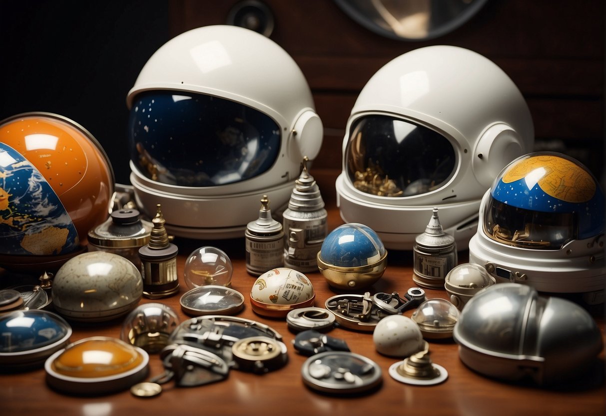 A table covered in space memorabilia: model rockets, astronaut helmets, mission patches, and vintage NASA posters. A collector carefully examines each item, searching for valuable finds