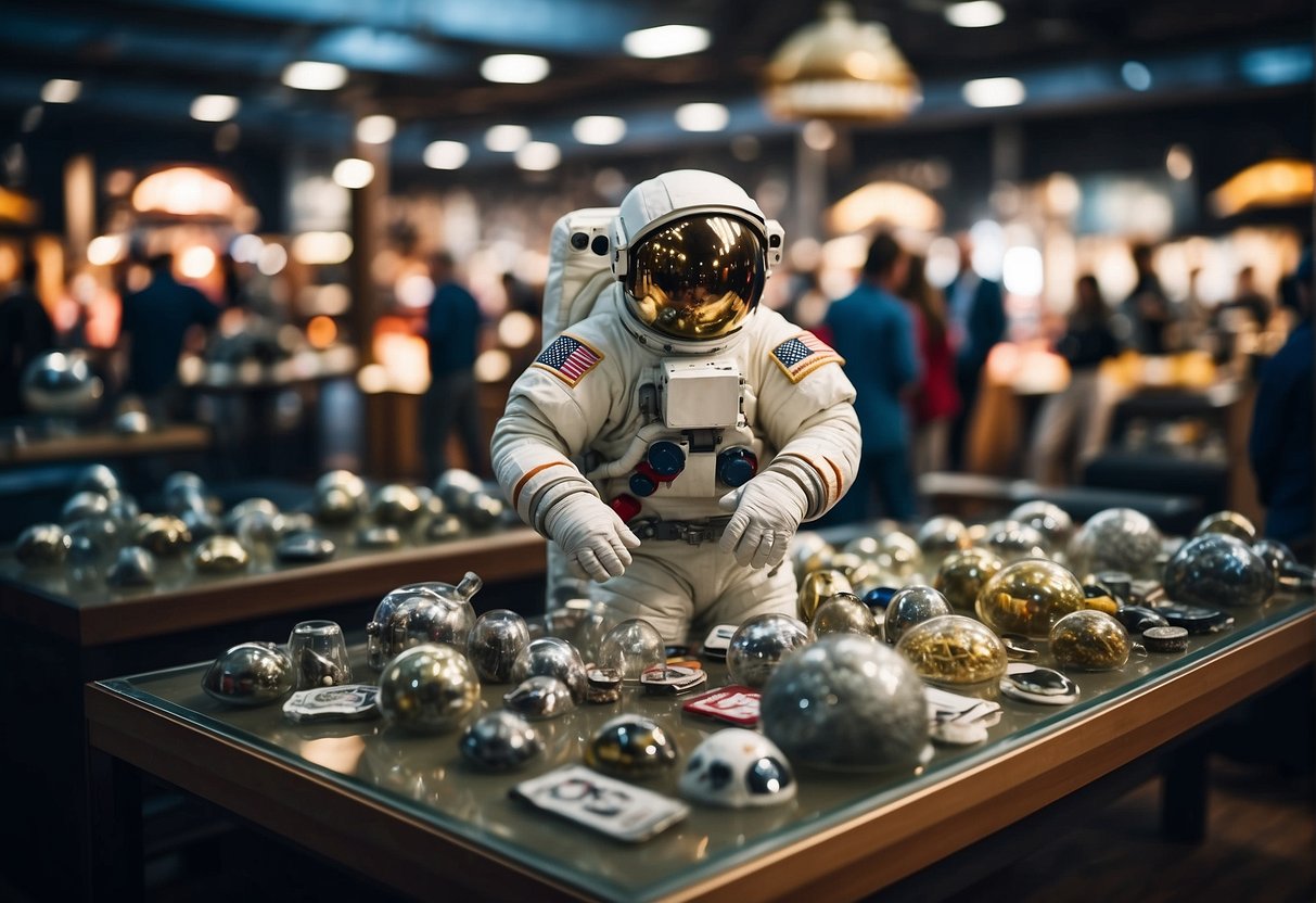 Collecting Space Memorabilia A bustling space memorabilia market with vendors selling and buyers inspecting valuable items like astronaut suits, moon rocks, and spacecraft models