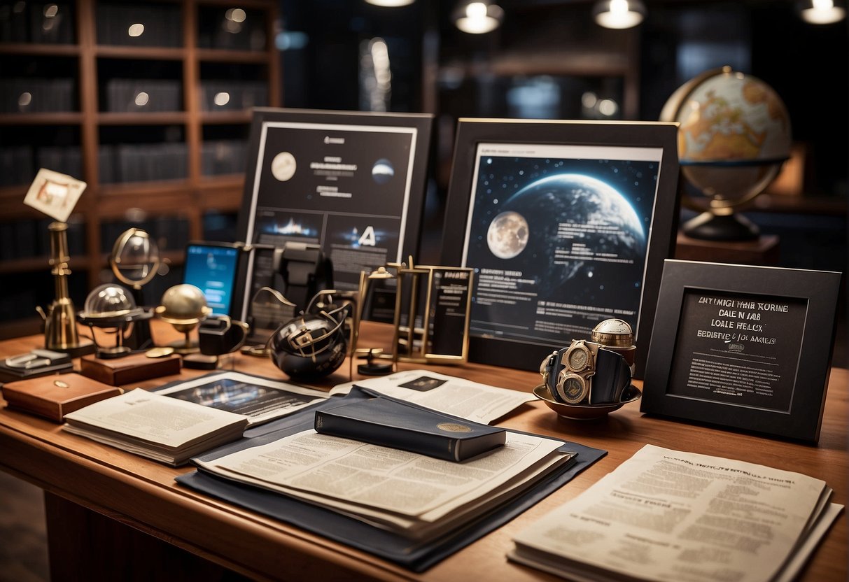 A table displaying various space memorabilia, including artifacts and documents. A sign with legal and ethical guidelines is prominently placed