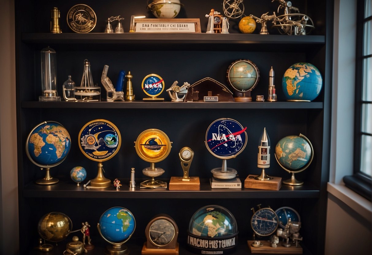 A collection of space memorabilia displayed on shelves, including model rockets, astronaut helmets, and vintage NASA patches. A telescope and planetary globe add to the atmosphere of exploration and discovery