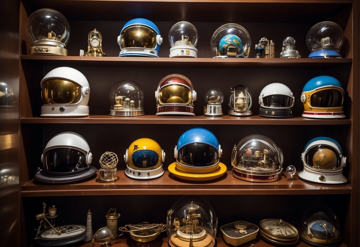 A collection of space memorabilia displayed on shelves, including astronaut helmets, model rockets, and signed photographs. A spotlight highlights the valuable finds