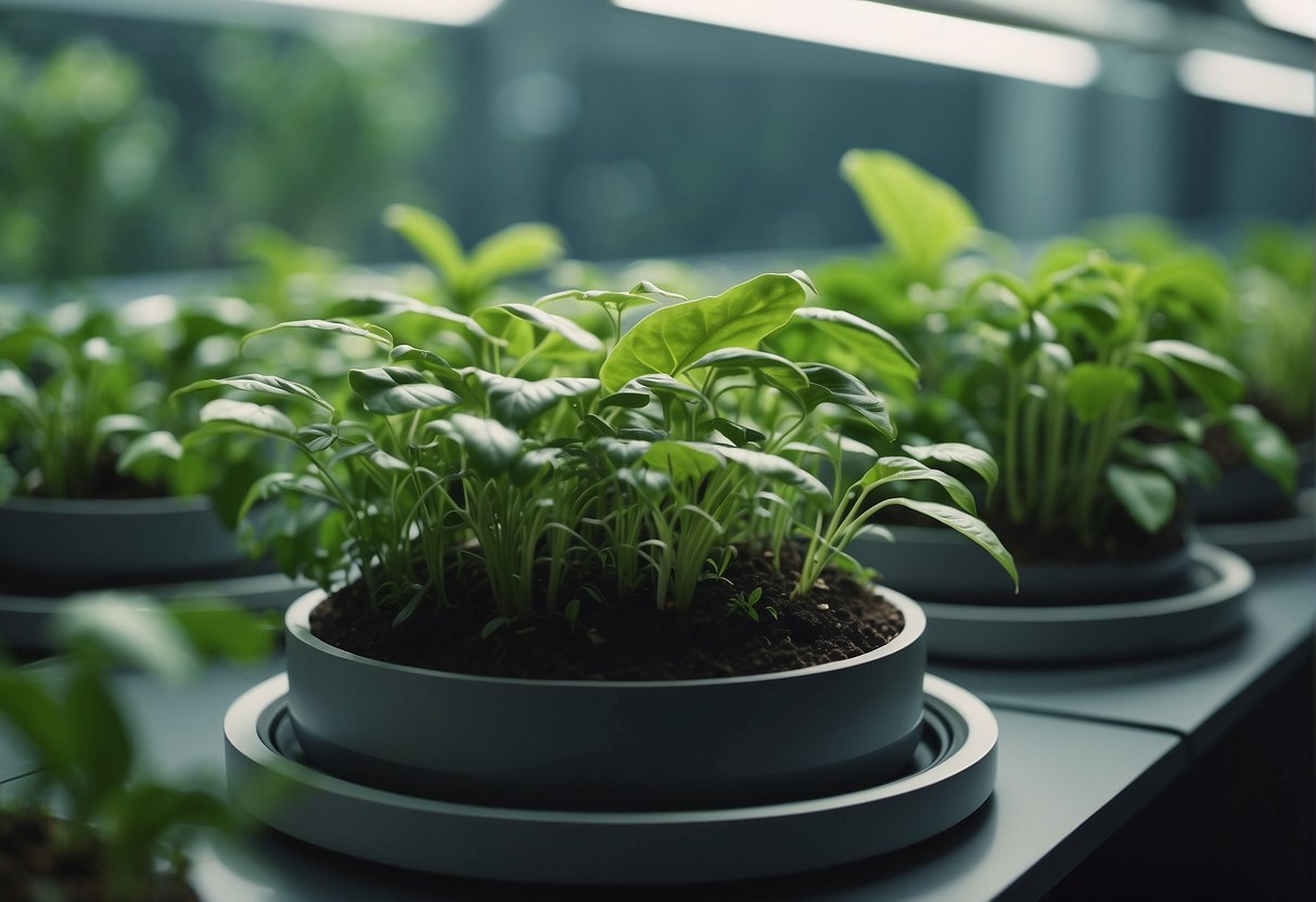Lush green plants float in a controlled environment, surrounded by futuristic technology and equipment. The plants are thriving, with roots extending into nutrient-rich soil and leaves reaching towards the artificial sunlight