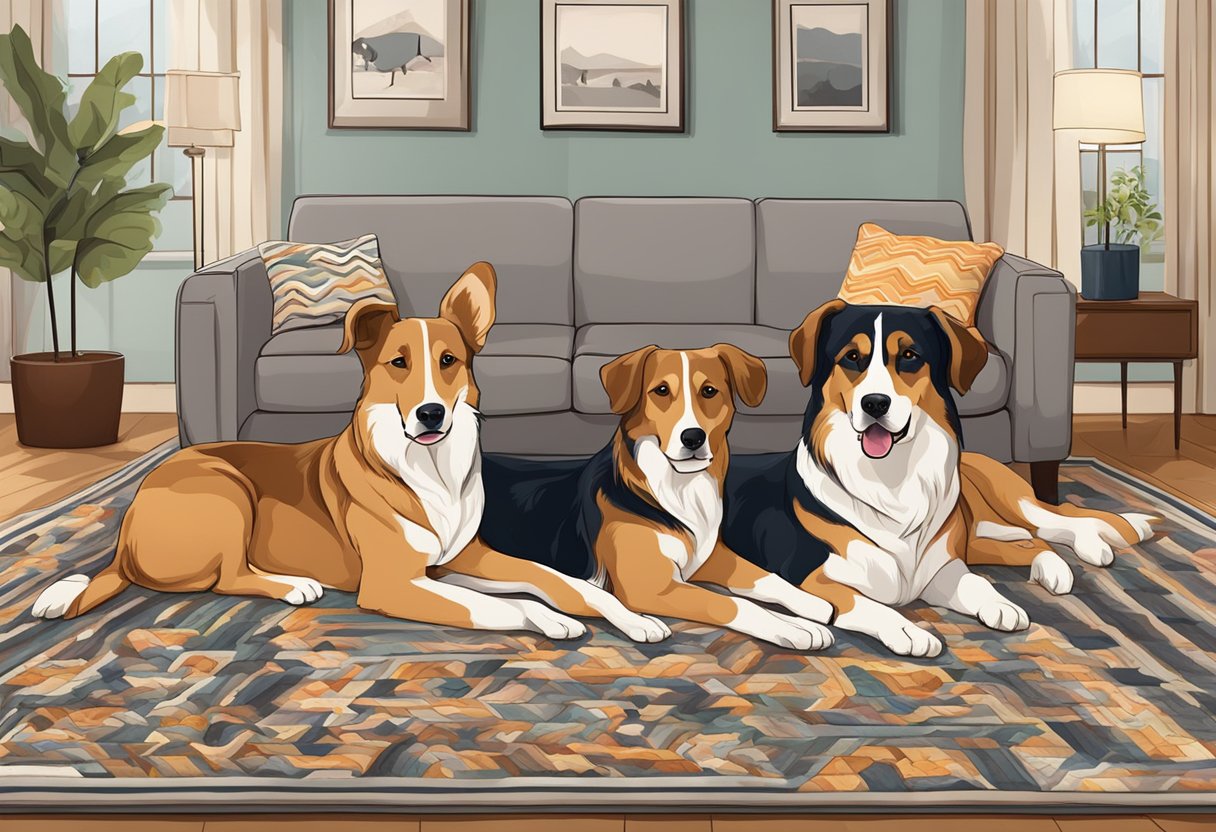 A group of dogs lying on a patterned blanket in a cozy living room