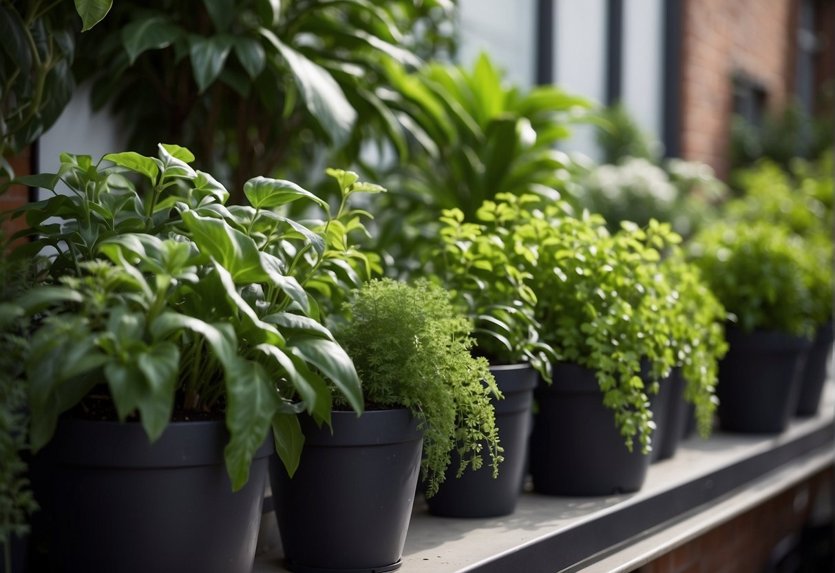 Lush green plants thrive in a variety of containers, from hanging baskets to window boxes, in a space garden. Each plant is carefully selected and adapted to its environment, creating a vibrant and diverse display of foliage