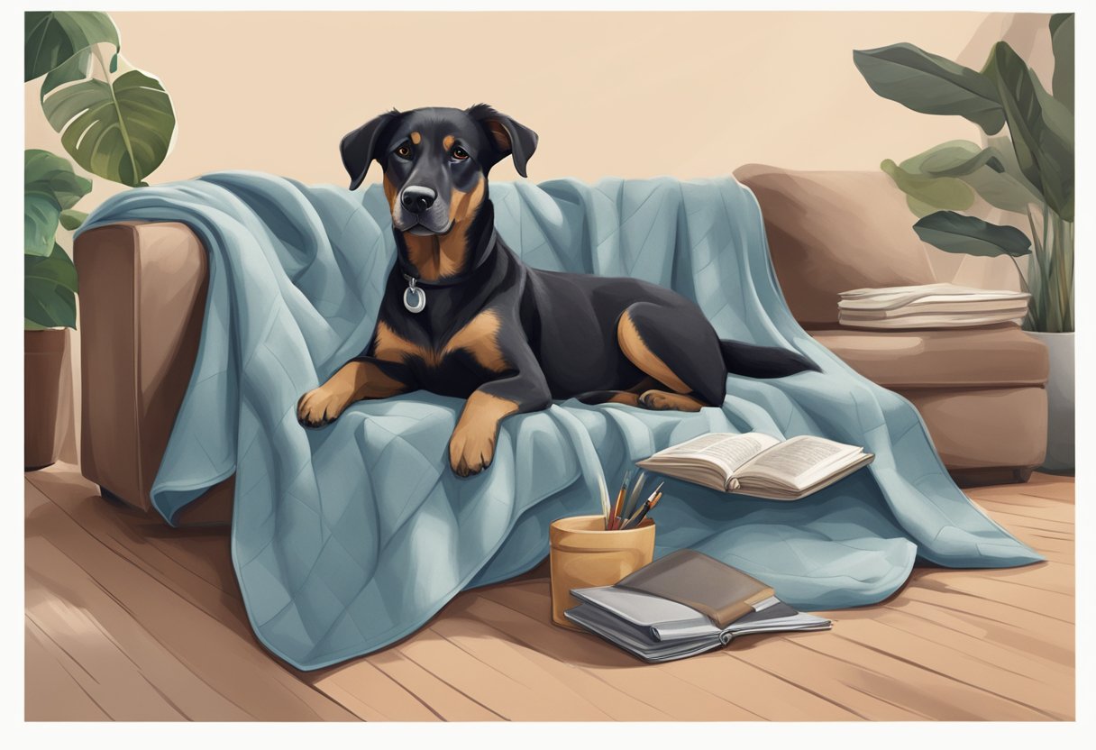 A dog lying comfortably on a soft, cozy travel blanket, with various size options displayed nearby