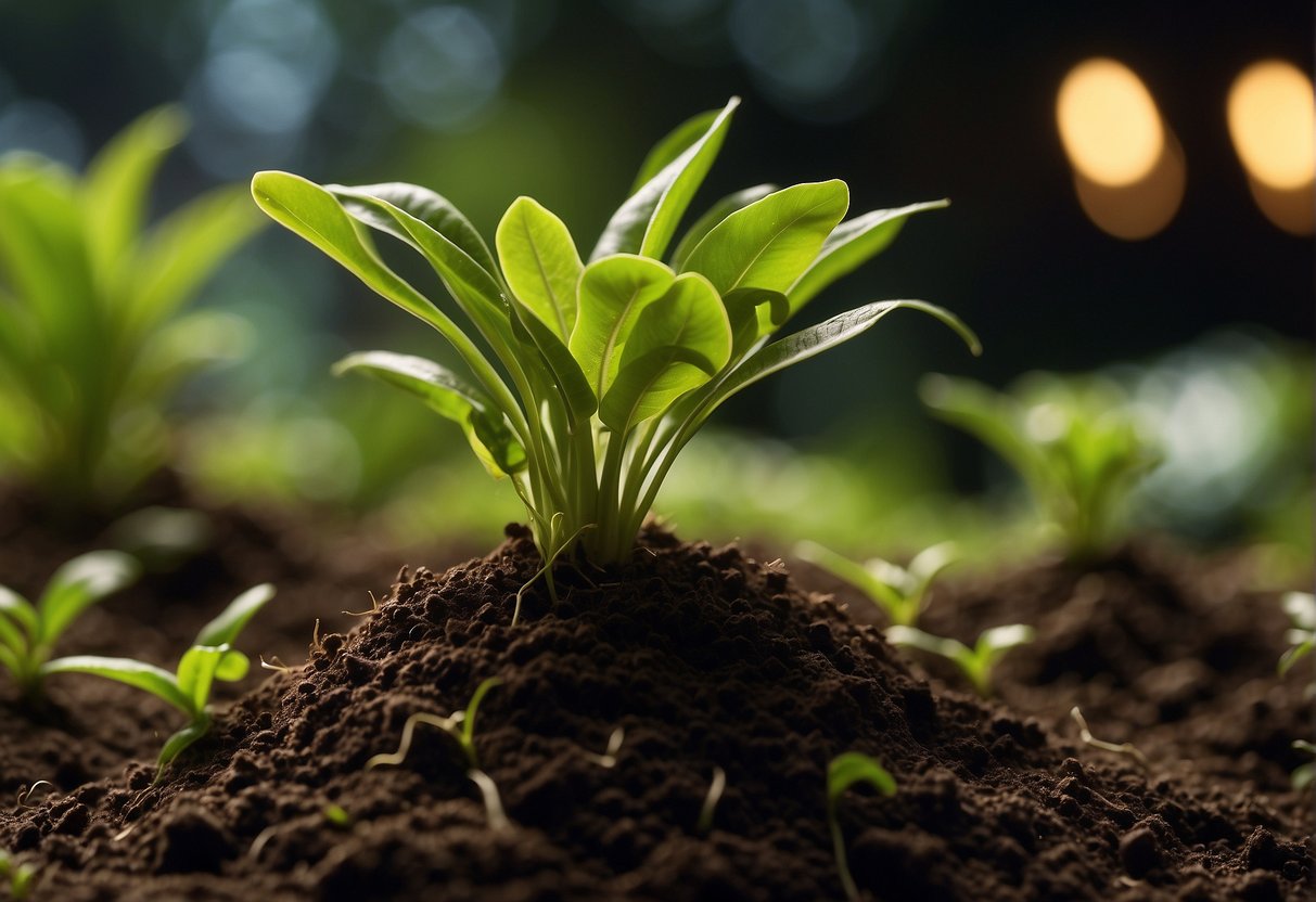 Lush green plants thrive in a controlled environment, their roots extending into nutrient-rich soil while their leaves reach towards a soft glow of artificial light