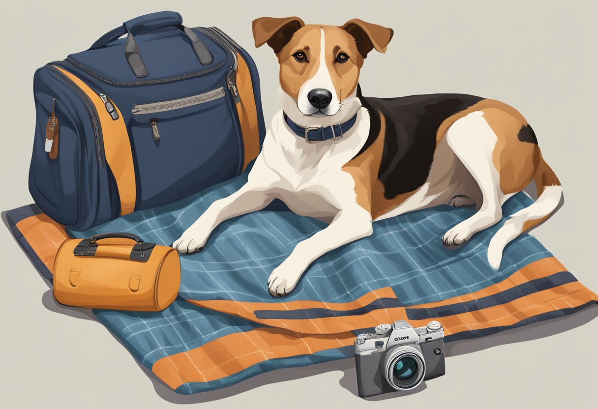 A dog lies comfortably on a travel blanket with safety features, surrounded by travel essentials