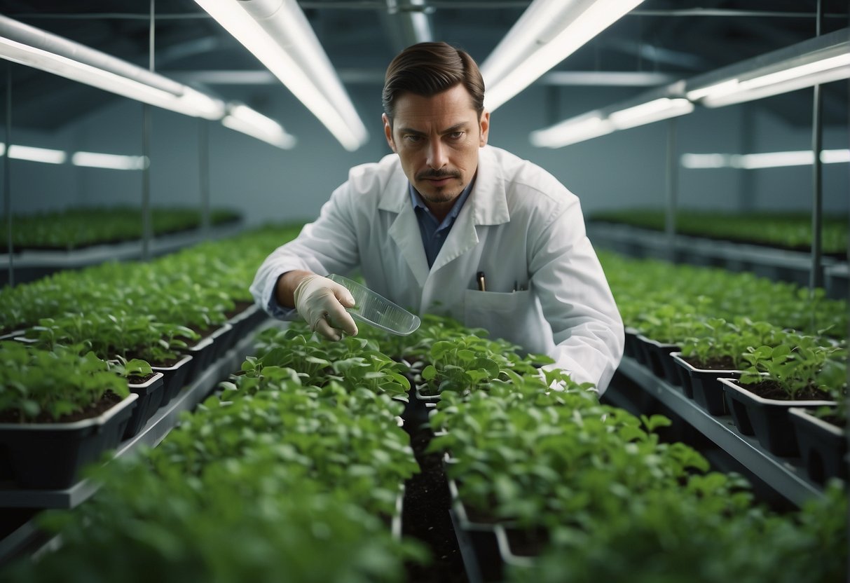 Plants floating in a controlled environment, roots stretching towards water and nutrients. Advanced technology monitors temperature, light, and air quality. A scientist observes the growth of crops in a space garden