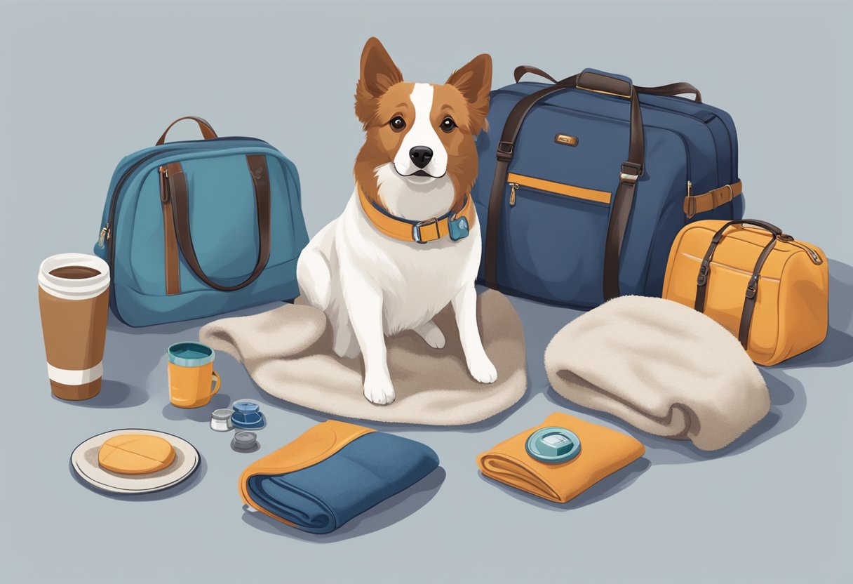 A cozy dog travel blanket laid out next to other pet travel accessories for comparison