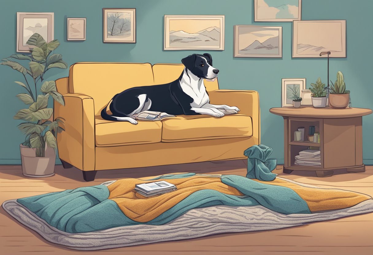 A dog lies comfortably on a cozy travel blanket, surrounded by various options. A person gestures towards the blankets, while a salesperson offers advice