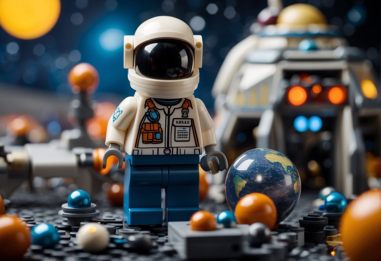 LEGO and Space A LEGO astronaut constructs a space station using colorful bricks, surrounded by planets, stars, and galaxies