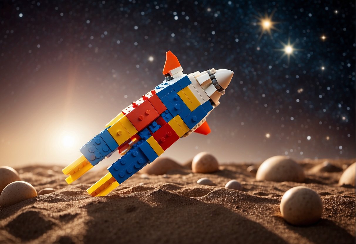 A rocket ship made of LEGO bricks launching into space with planets and stars in the background