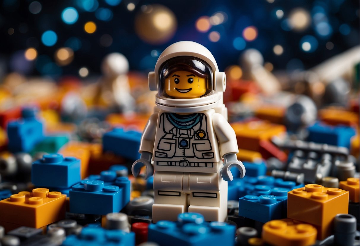 A LEGO astronaut floats among colorful bricks, constructing a space station against a backdrop of stars and planets