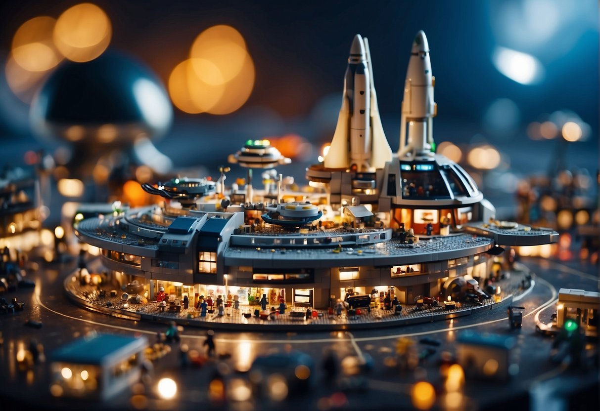 A bustling spaceport with diverse LEGO spaceships and futuristic structures against a backdrop of stars and galaxies
