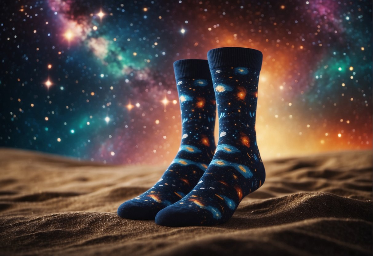 Vibrant socks with swirling galaxies and twinkling stars, suspended in a cosmic backdrop of deep space