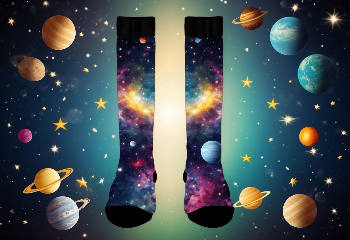 A pair of colorful socks with galaxy and star patterns floating in space, surrounded by planets and celestial bodies