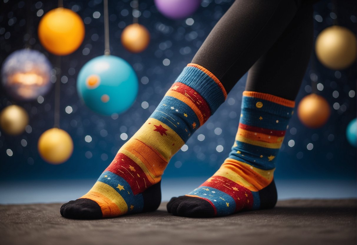 A cozy pair of colorful socks surrounded by floating planets and stars, creating a comfortable and stylish universe for the feet