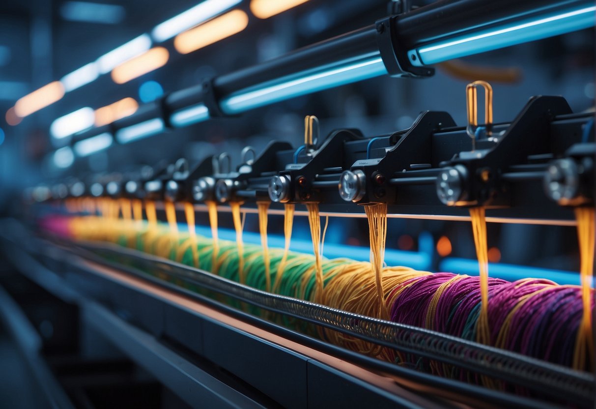 Machinery hums as colorful threads intertwine, weaving cosmic patterns onto soft fabric. Bright lights illuminate the production floor, where space socks come to life