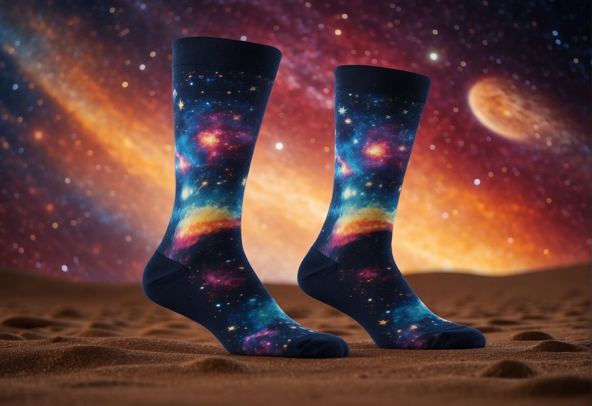 A pair of vibrant, cosmic-themed socks floating in the vast expanse of space, surrounded by celestial bodies and colorful nebulae