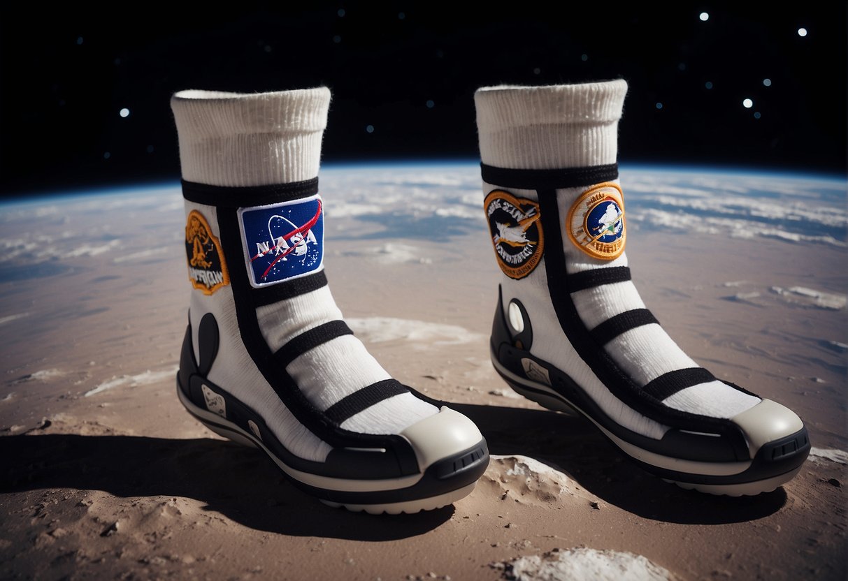 Astronaut space socks floating in zero gravity, adorned with stars and galaxies, surrounded by space mission patches and endorsements