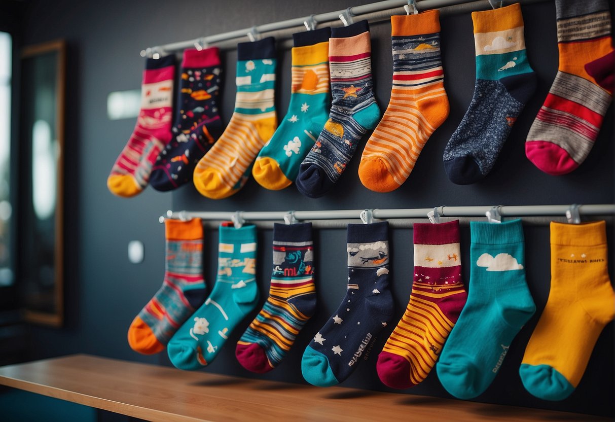 An array of colorful, space-themed socks arranged in a display with fashion magazines and inspirational quotes on the wall