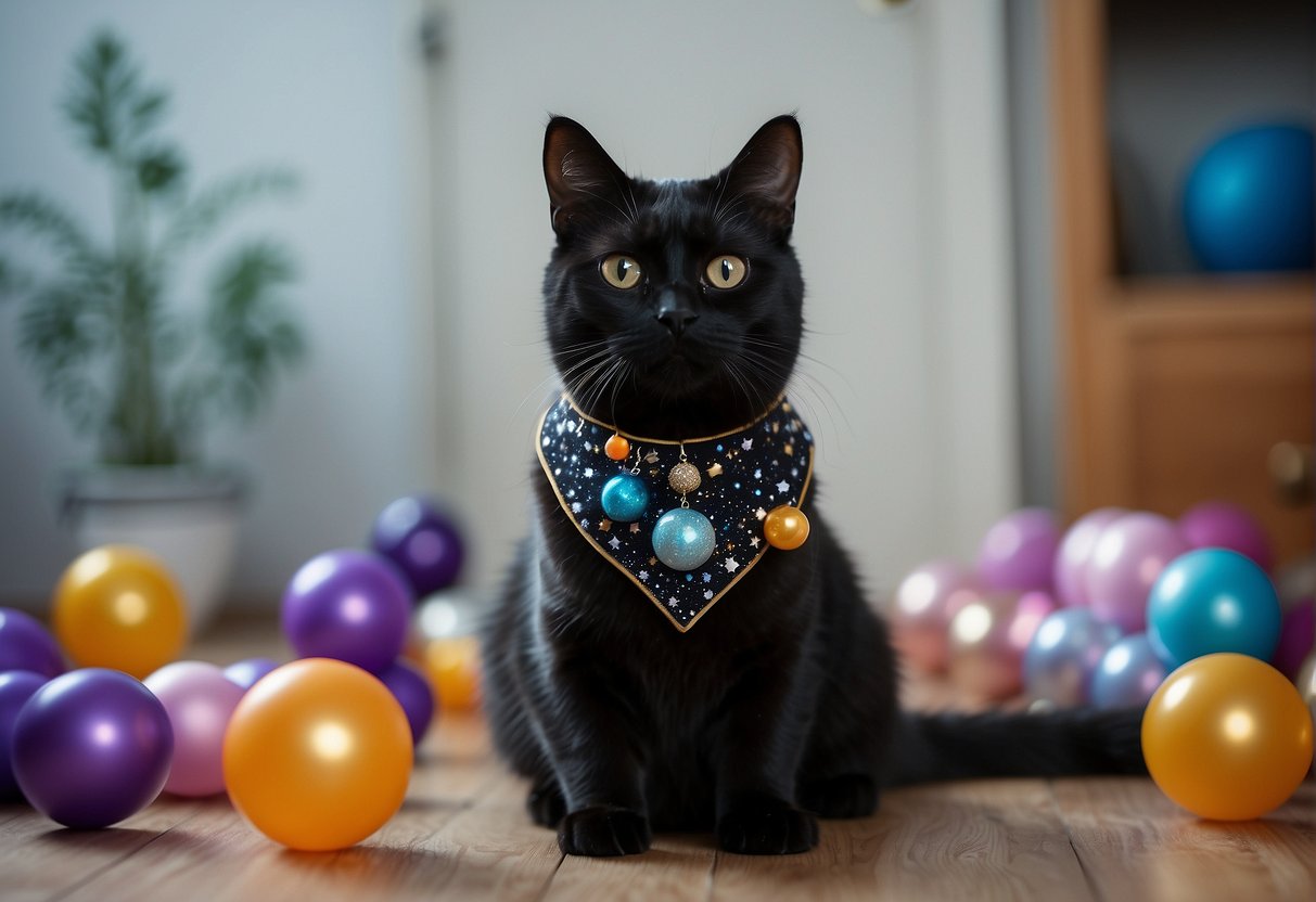 Cosmic Pet Gear :  A black cat with a galaxy-patterned collar plays with a toy rocket ship in a starry, space-themed room filled with celestial pet accessories