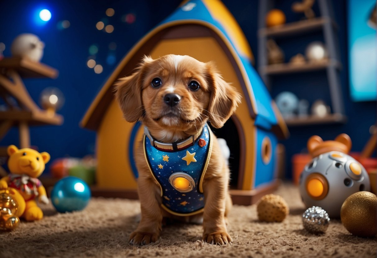 A dog wearing a galaxy-patterned collar and leash stands in front of a rocket ship-shaped dog house, surrounded by space-themed toys and treats