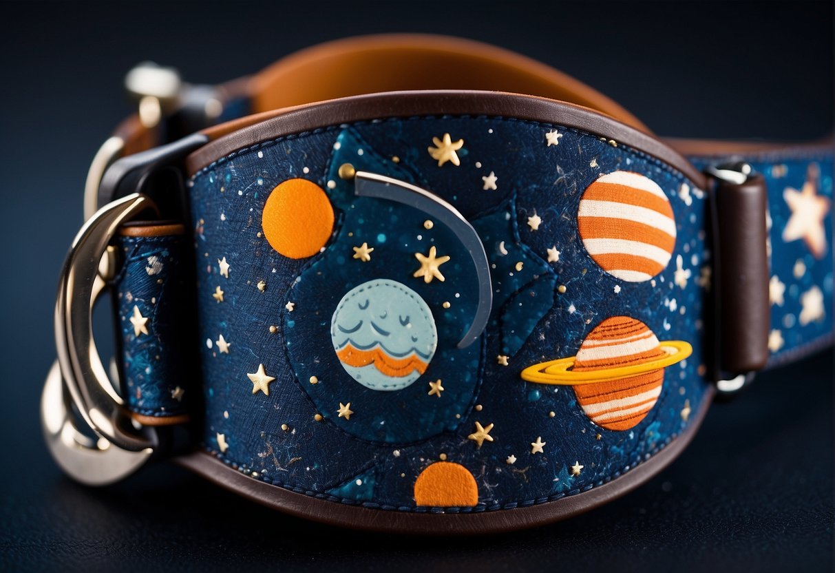 A galaxy-themed pet collar and leash set with stars, planets, and cosmic patterns. A space-themed pet bed with a rocket ship design and a moon-shaped cushion