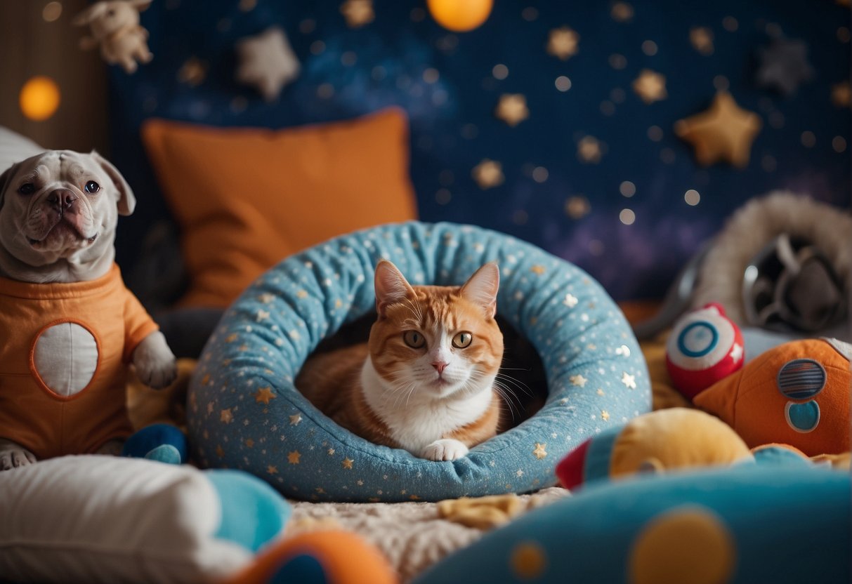 Pets play with space-themed toys, wearing galactic collars and harnesses. A rocket-shaped bed sits in the corner, surrounded by celestial-themed blankets and pillows