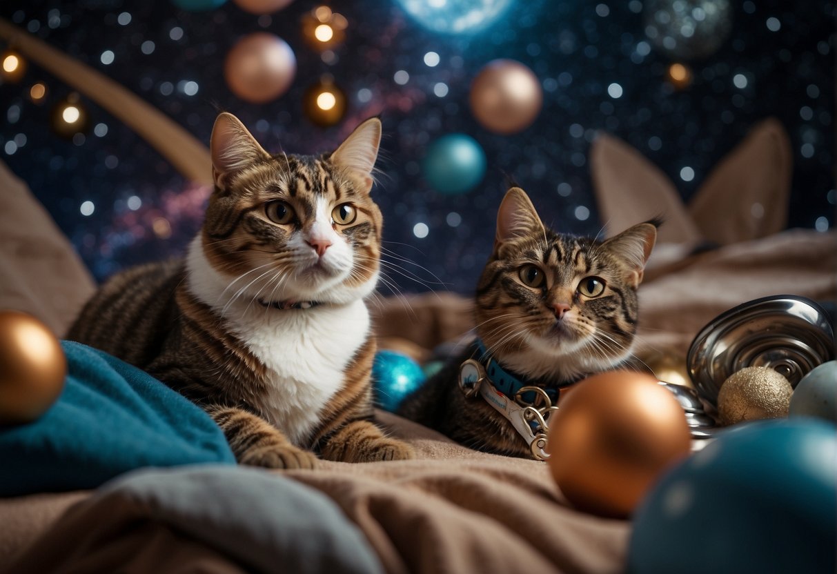 A cat and a dog wearing space-themed collars and leashes, surrounded by celestial toys and beds, with a cosmic backdrop of stars and planets