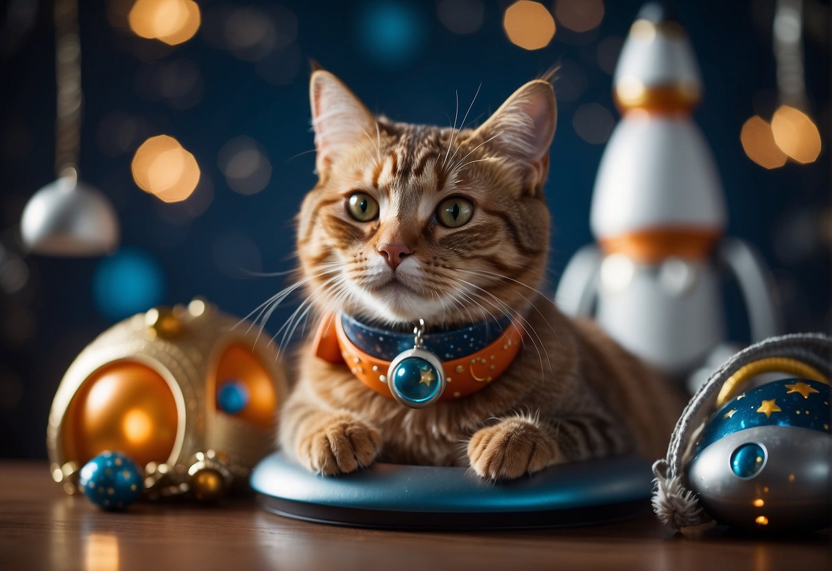 A cat wearing a space-themed collar and sitting on a moon-shaped bed, surrounded by star-shaped toys and a rocket ship scratching post
