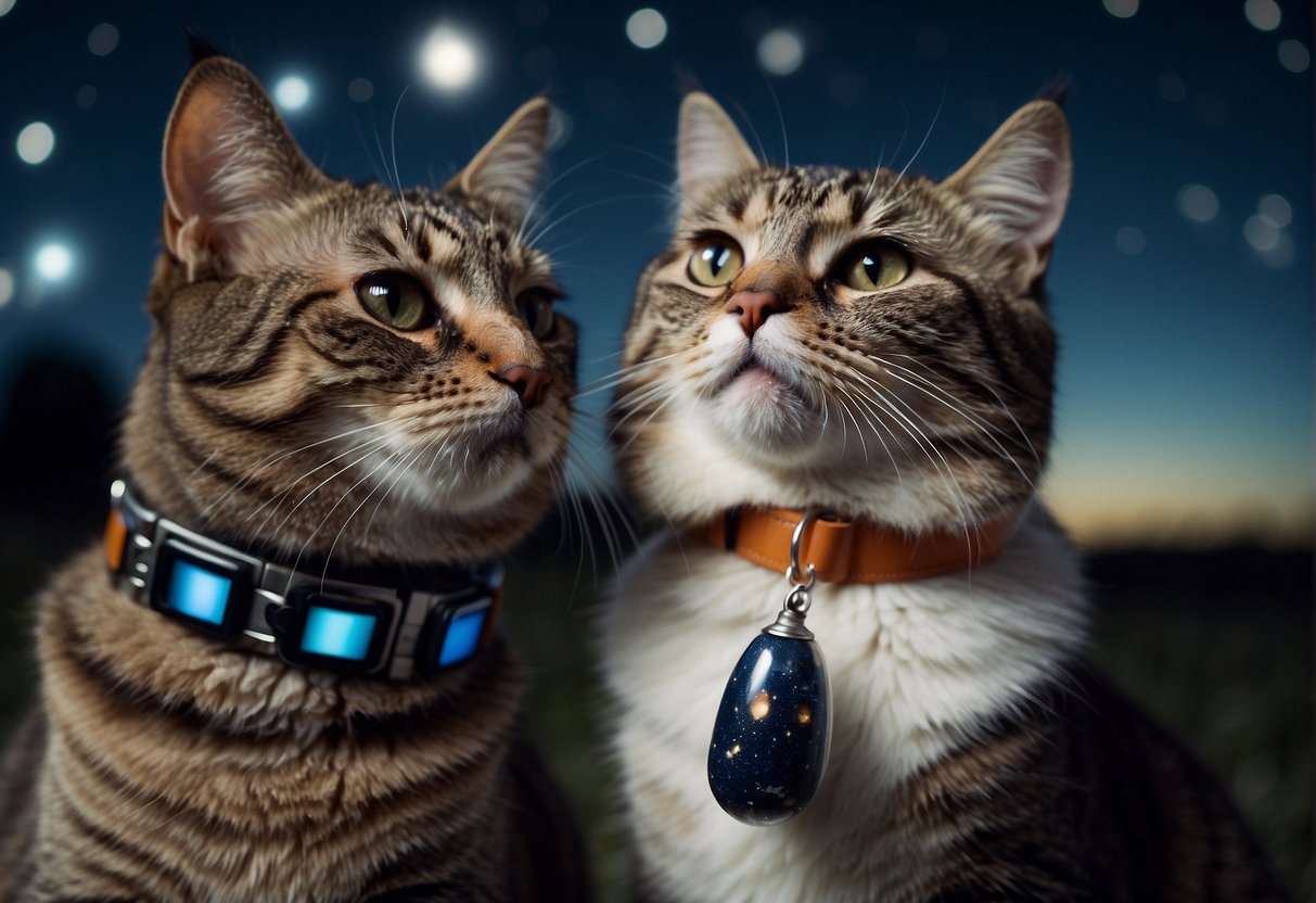 A cat wearing a space-themed collar and a dog with a rocket ship-shaped chew toy play together under a starry night sky