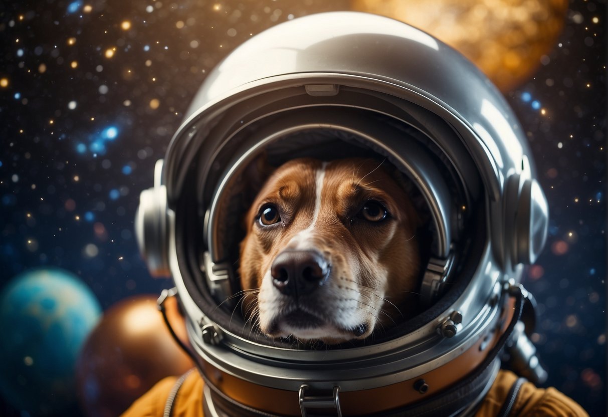 A dog wearing a space helmet and cosmic-themed collar floats in a zero-gravity environment surrounded by stars and planets