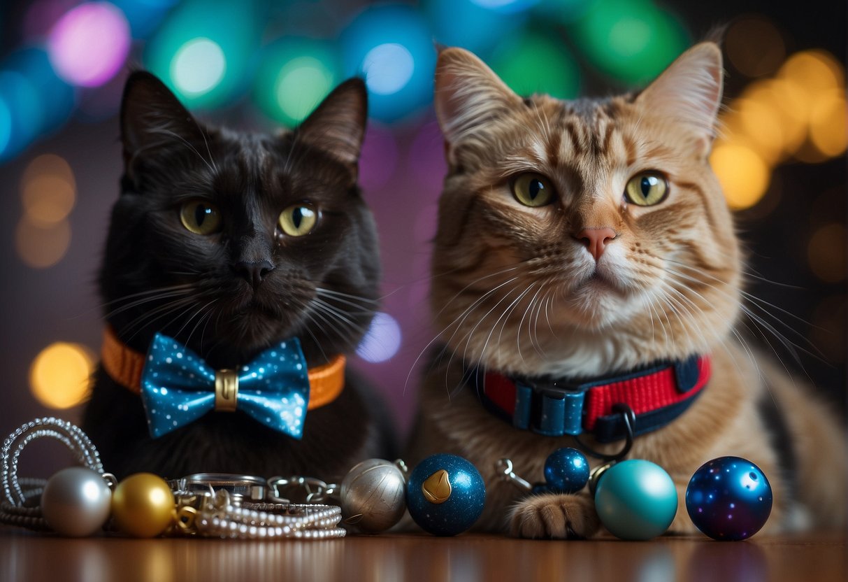 A cat and dog wearing space-themed collars and harnesses while surrounded by cosmic-themed pet toys and accessories