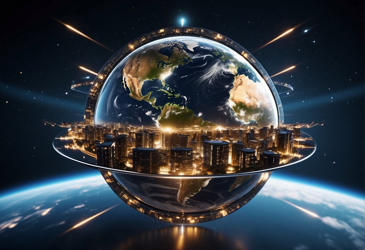 Satellites orbiting Earth, beaming data to devices. Advanced technology connects people globally. Futuristic cityscape with sleek, high-tech gadgets