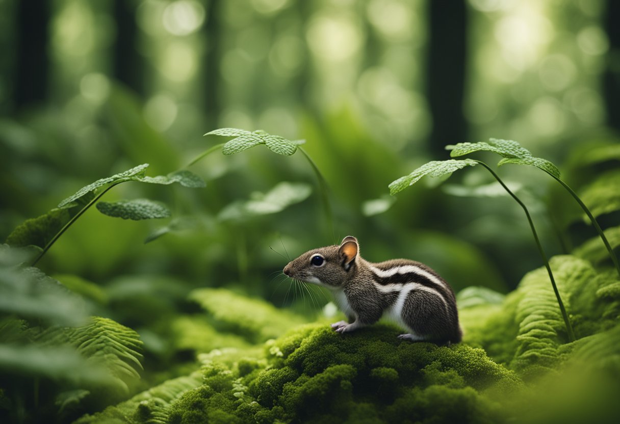 A lush forest floor teeming with diverse plants and small animals, creating a rich and interconnected ecosystem