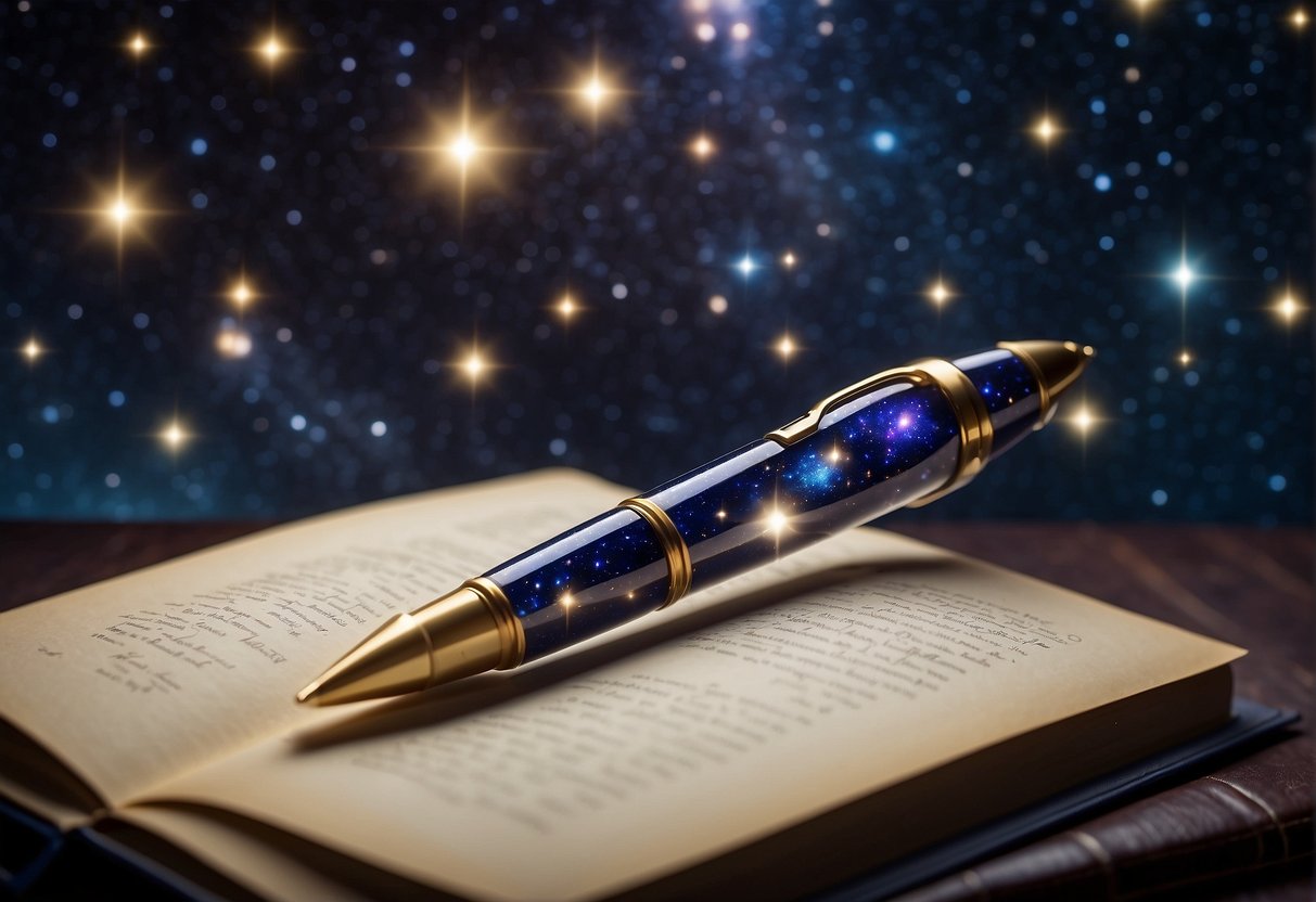 A rocket-shaped pen floats above a galaxy-patterned notebook, surrounded by glittering stars and planets. A shooting star streaks across the background, adding a touch of magic to the scene