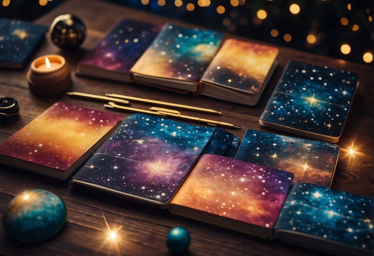 A celestial-themed stationery store with colorful, handcrafted notebooks and pens displayed against a backdrop of twinkling stars and planets