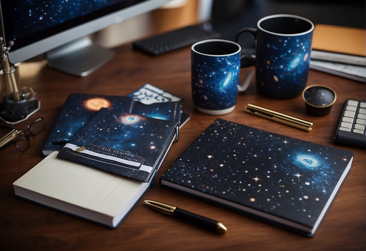 A desk adorned with space-themed stationery, featuring personalized notebooks, pens, and stickers. A galaxy print mug sits next to a stack of papers with celestial designs