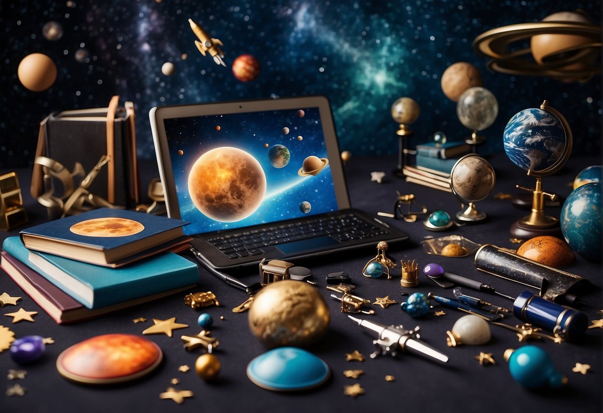 A colorful array of space-themed stationery items floats in a cosmic background, including notebooks, pencils, and stickers with planets, stars, and rockets