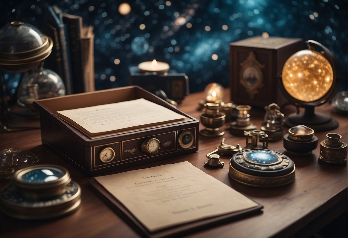 A desk adorned with vintage and handmade space-themed stationery, including celestial prints and galactic motifs, evoking a sense of writing beyond the stars